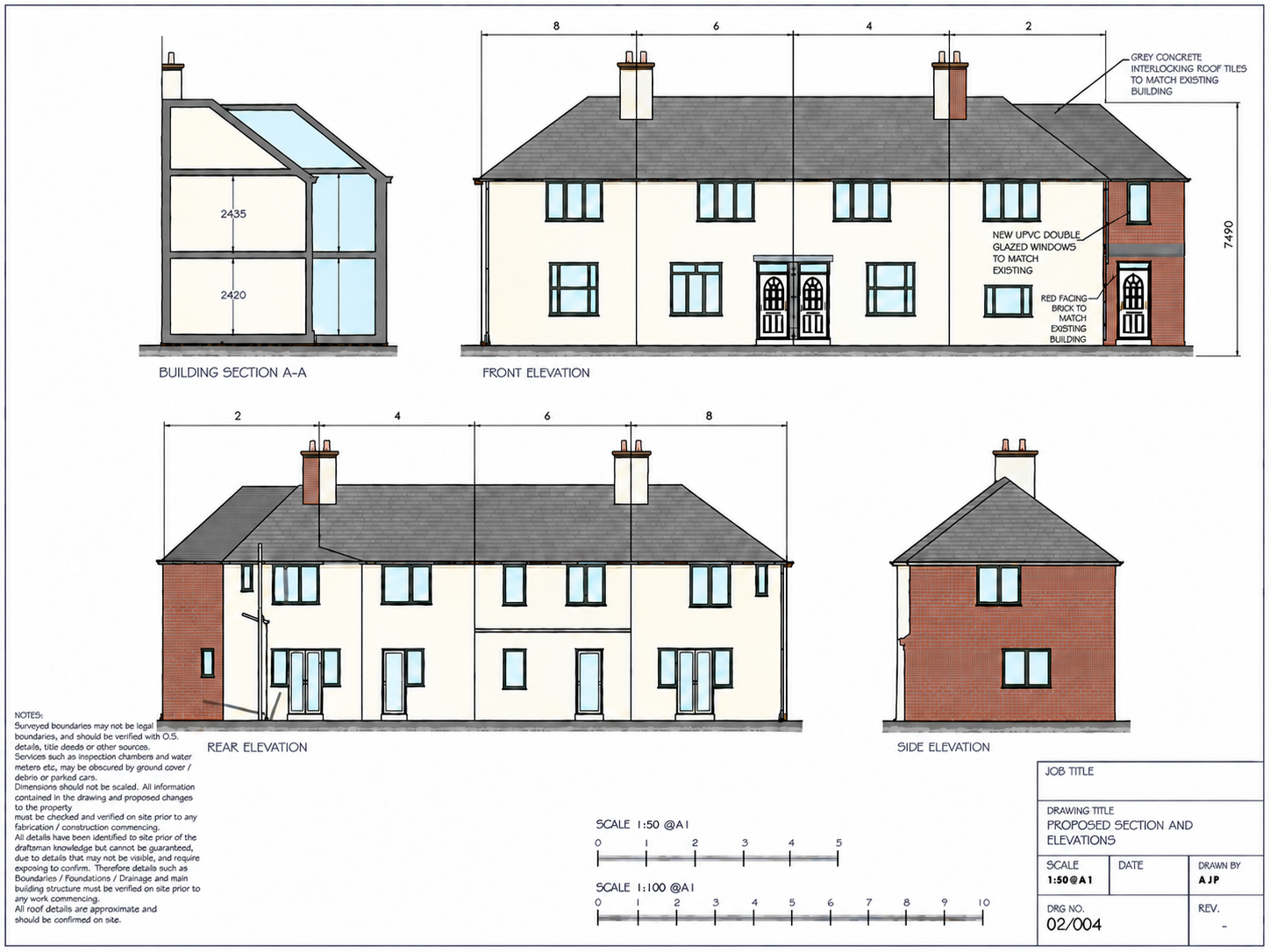 Proposed — Elevations & Section shown as an architectural presentation drawing