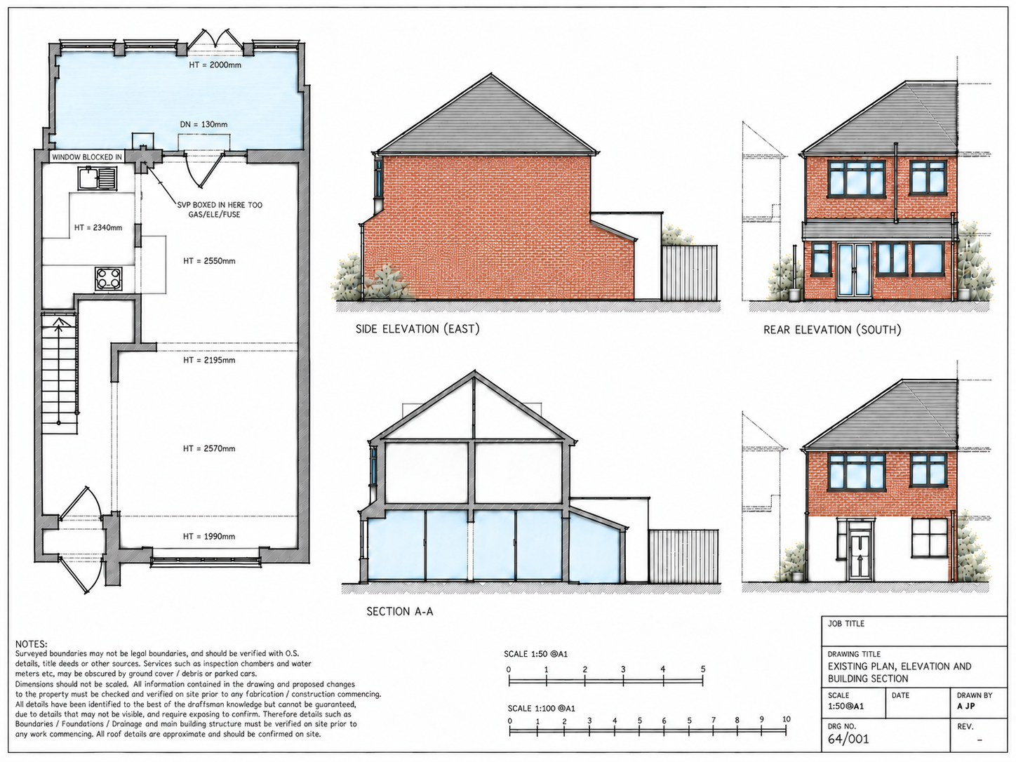 Existing — Plan, Elevations & Section shown as an architectural presentation drawing