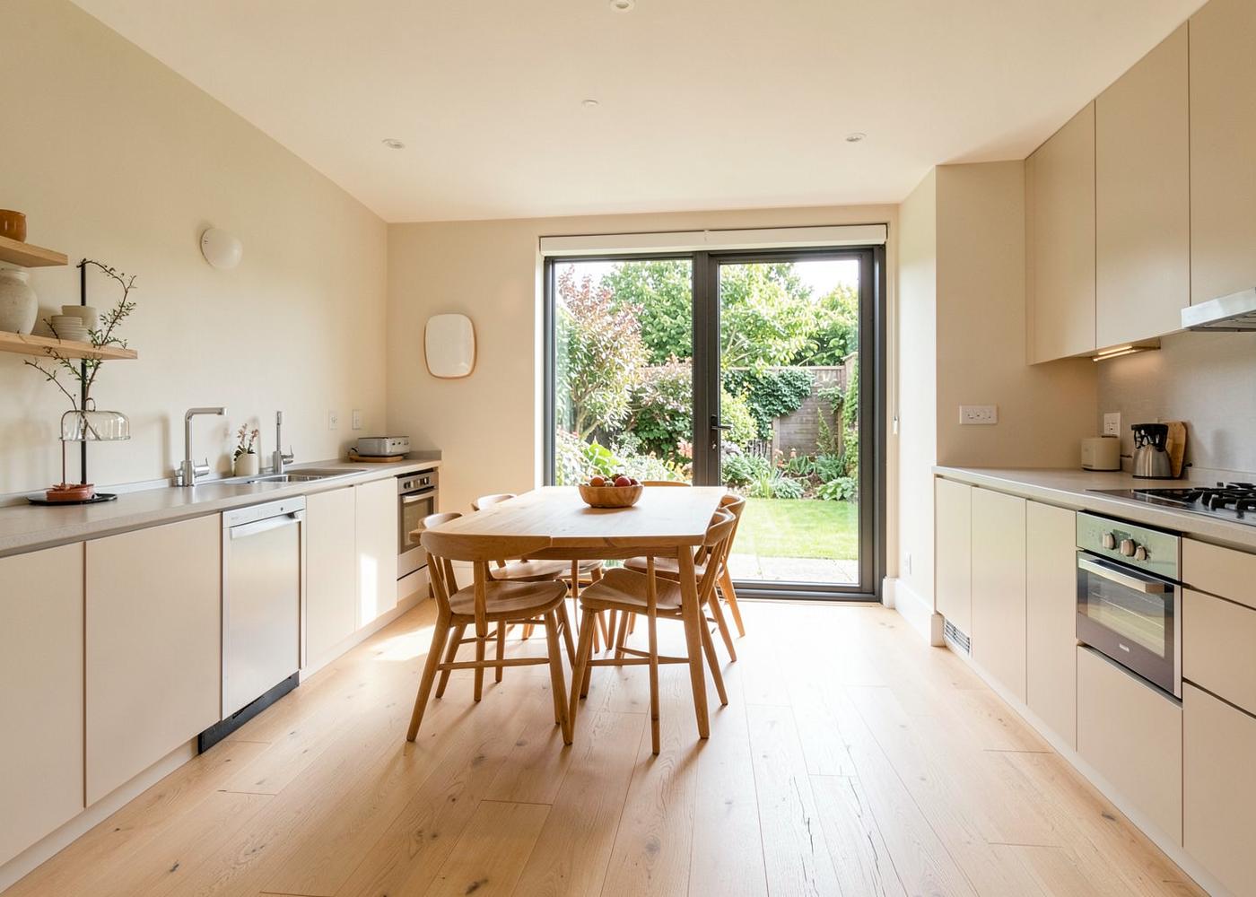 Kitchen dining space inside a completed side extension with garden doors