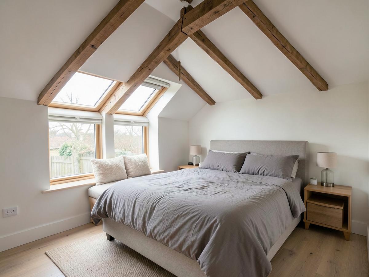 Loft conversion bedroom with roof windows and a pitched ceiling